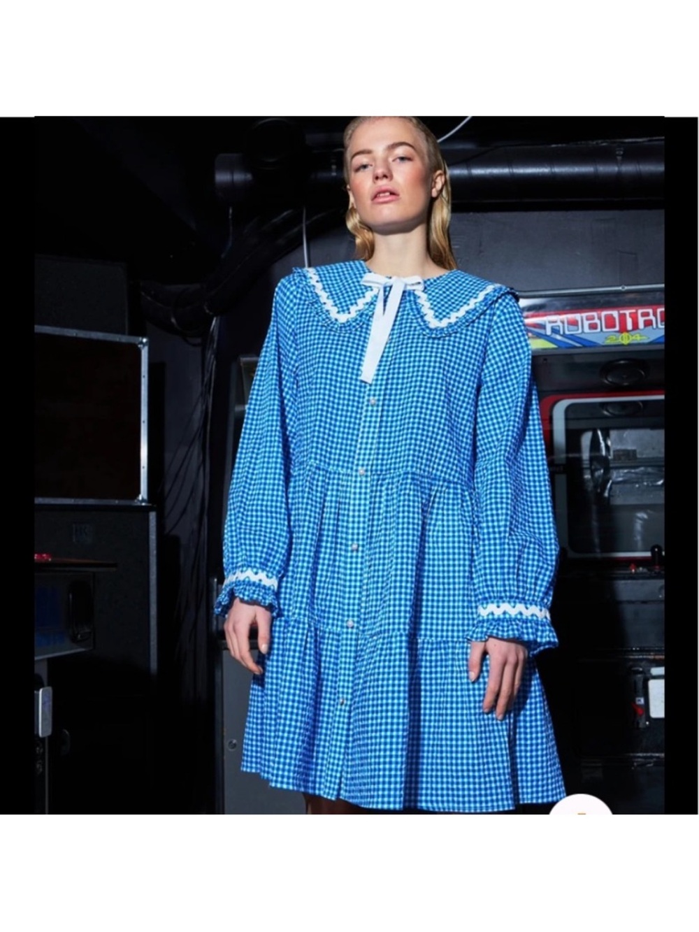 Free people Blue Gingham Long-Sleeve Dress with ruffle Collar